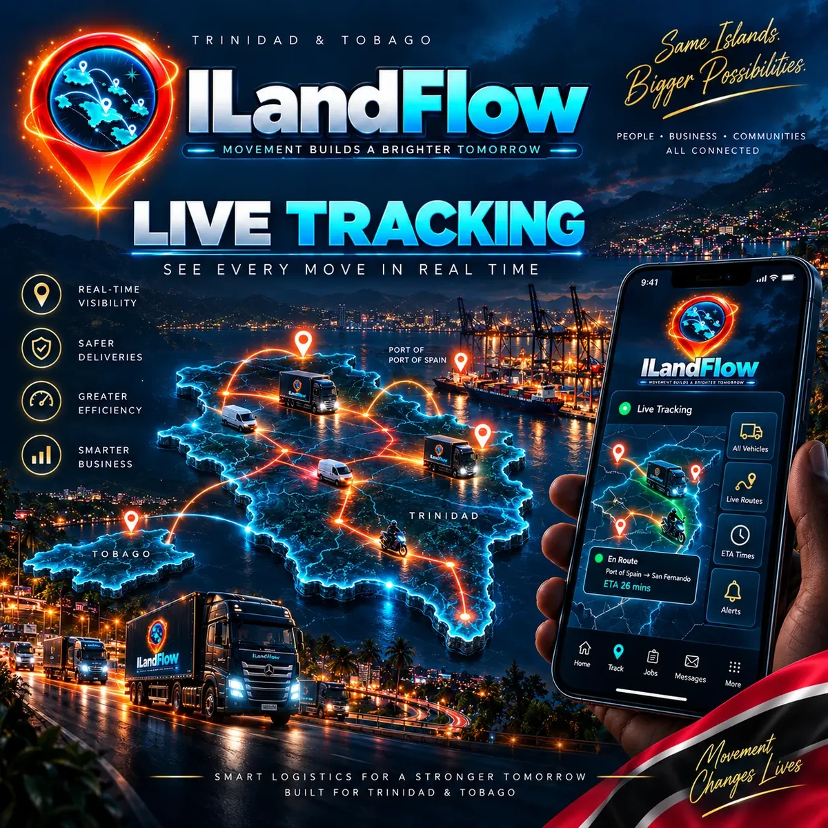 IlandFlow live fleet tracking across Trinidad and Tobago on a phone and network map.