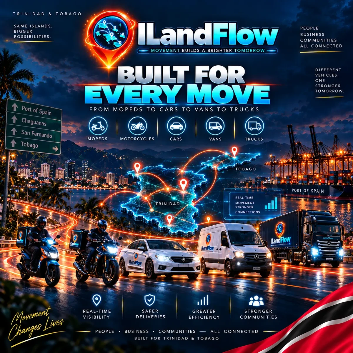 IlandFlow mopeds, cars, vans and trucks moving across Trinidad and Tobago.